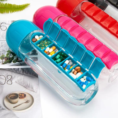 Water Bottle with Pillbox Medicine Pills Box Travel 7 Days Drug Organizer Drinking Container Diversi Shop™