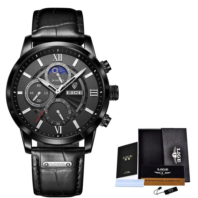 Lige Luxury Brown Leather Casual Quartz Wristwatch for Men | Diversi