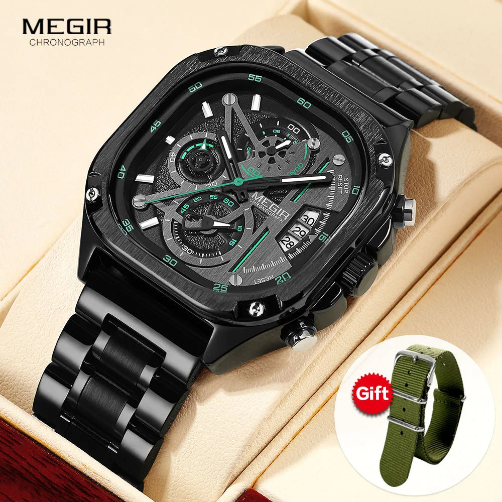Quartz Wristwatch for Men Black | MEGIR Waterproof Square Dial Watch with Chronograph Stainless Steel Strap