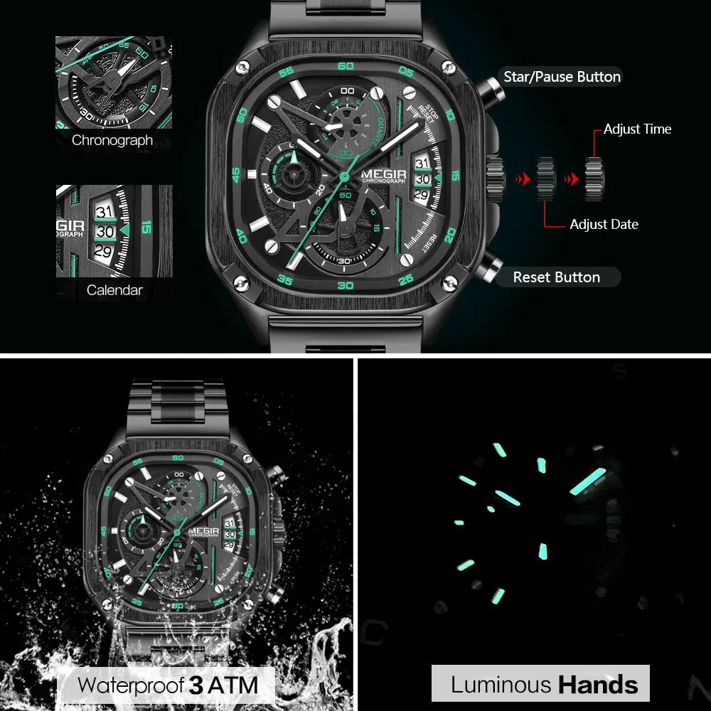 Quartz Wristwatch for Men Black | MEGIR Waterproof Square Dial Watch with Chronograph Stainless Steel Strap