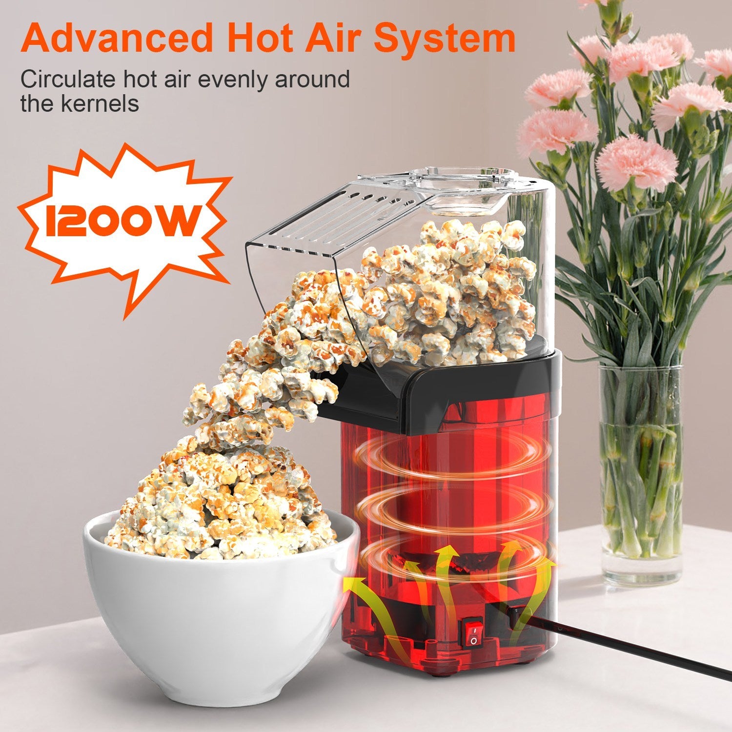 Hot Air Popcorn Popper Maker With Measure Cup And Butter Warmer 1200W Oil-Free Easy To Use 8Cups Mini Popcorn Maker Machine For Home CJ US