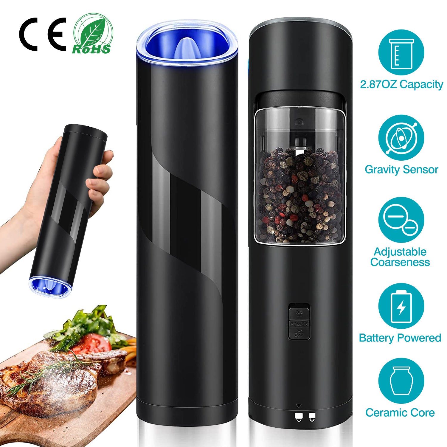 Electric Salt And Pepper Grinder Automatic Gravity Sensor Battery Powered Salt Mill LED Indicator Adjustable Coarseness One Hand Easy Operation CJ US