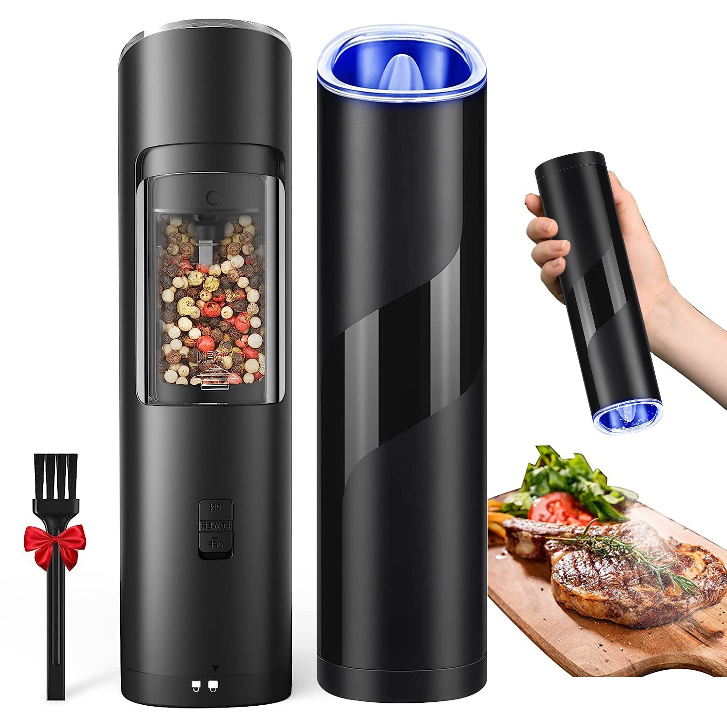 Electric Salt And Pepper Grinder Automatic Gravity Sensor Battery Powered Salt Mill LED Indicator Adjustable Coarseness One Hand Easy Operation CJ US