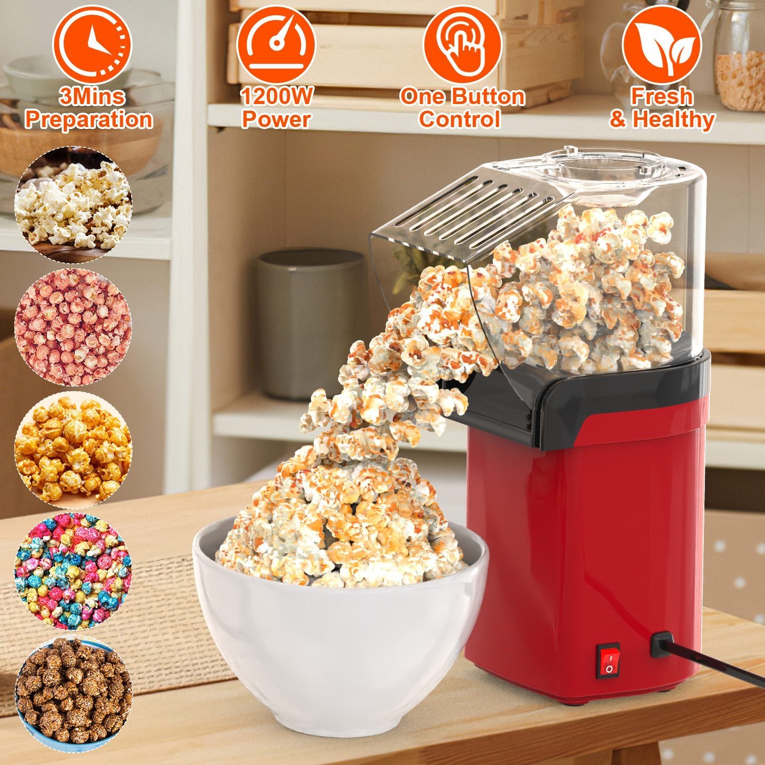 Hot Air Popcorn Popper Maker With Measure Cup And Butter Warmer 1200W Oil-Free Easy To Use 8Cups Mini Popcorn Maker Machine For Home CJ US