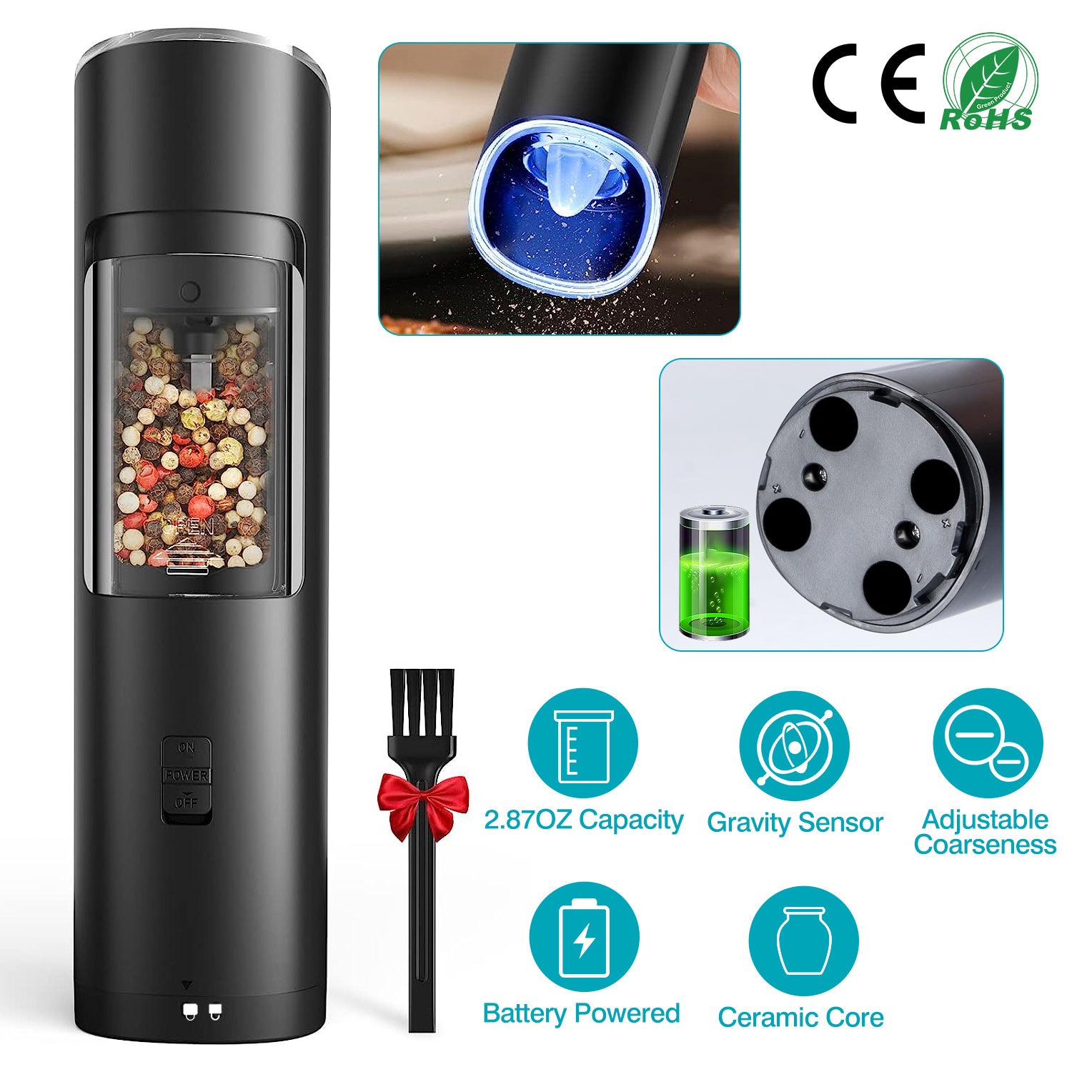 Electric Salt And Pepper Grinder Automatic Gravity Sensor Battery Powered Salt Mill LED Indicator Adjustable Coarseness One Hand Easy Operation CJ US