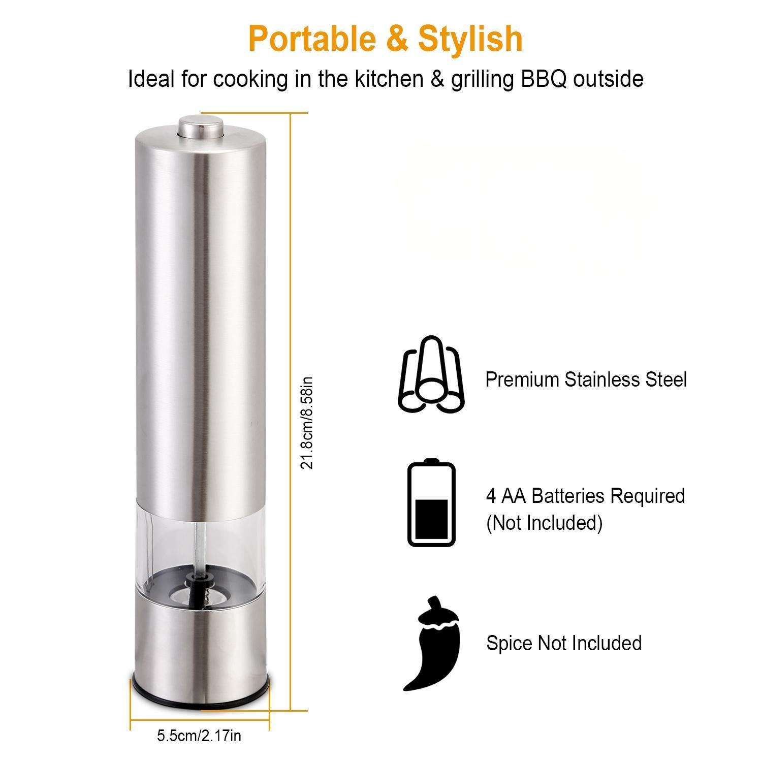 1Pc Electric Salt Pepper Grinder With Light Adjustable Coarseness Stainless Steel Salt Pepper Shaker Battery Operated Pepper Grinder Mill Easy Refill And Clean CJ US