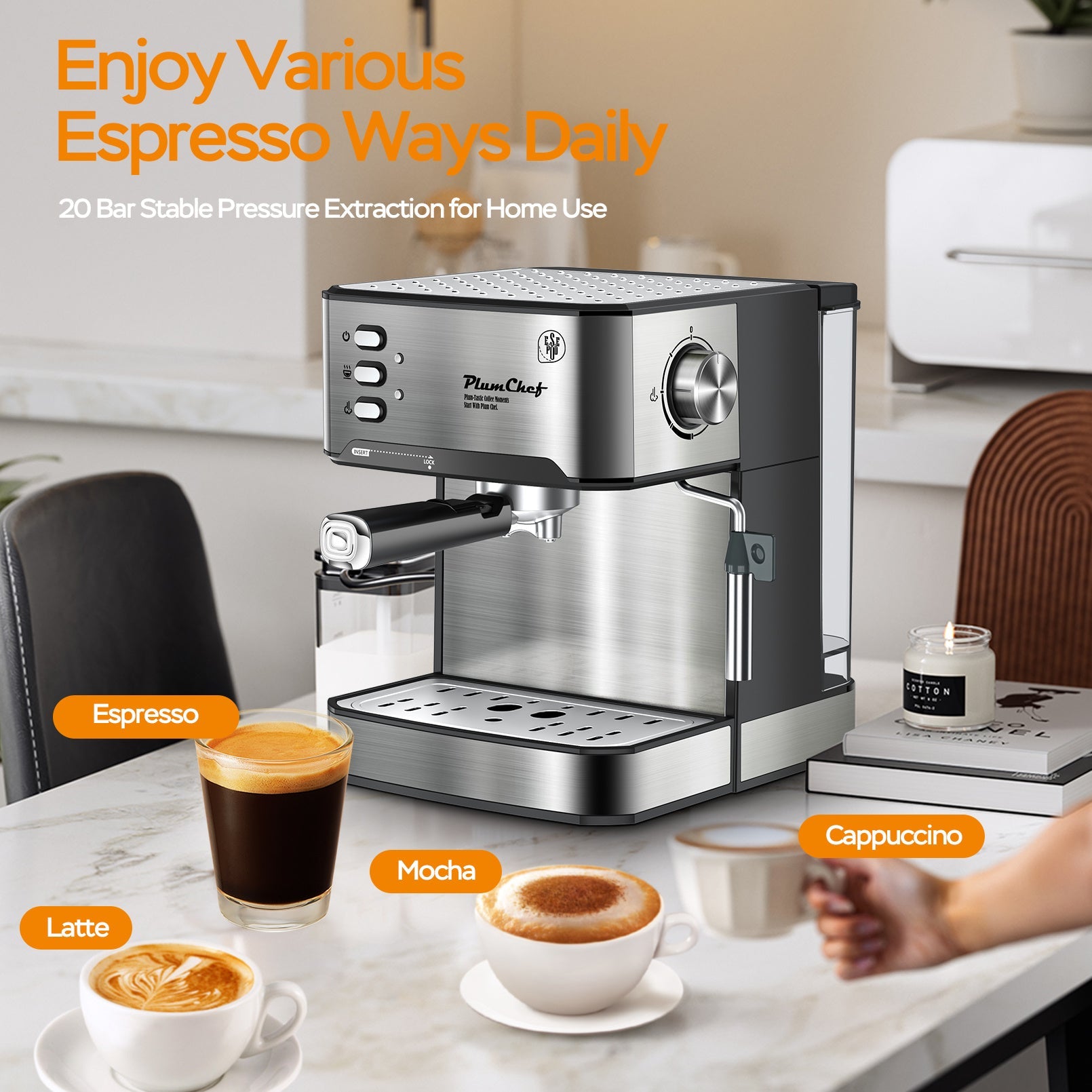 20 Bar Professional Espresso Machine With Milk Frother, Single & Double Shot, ESE Pod Compatible, Visual Display Of Pressure, Removable Water Tank For Cappuccino, Latte, Machiato For Home Barista Smart Kitchen & Home