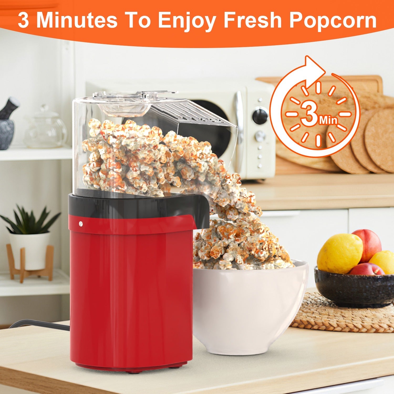 Hot Air Popcorn Popper Maker With Measure Cup And Butter Warmer 1200W Oil-Free Easy To Use 8Cups Mini Popcorn Maker Machine For Home CJ US