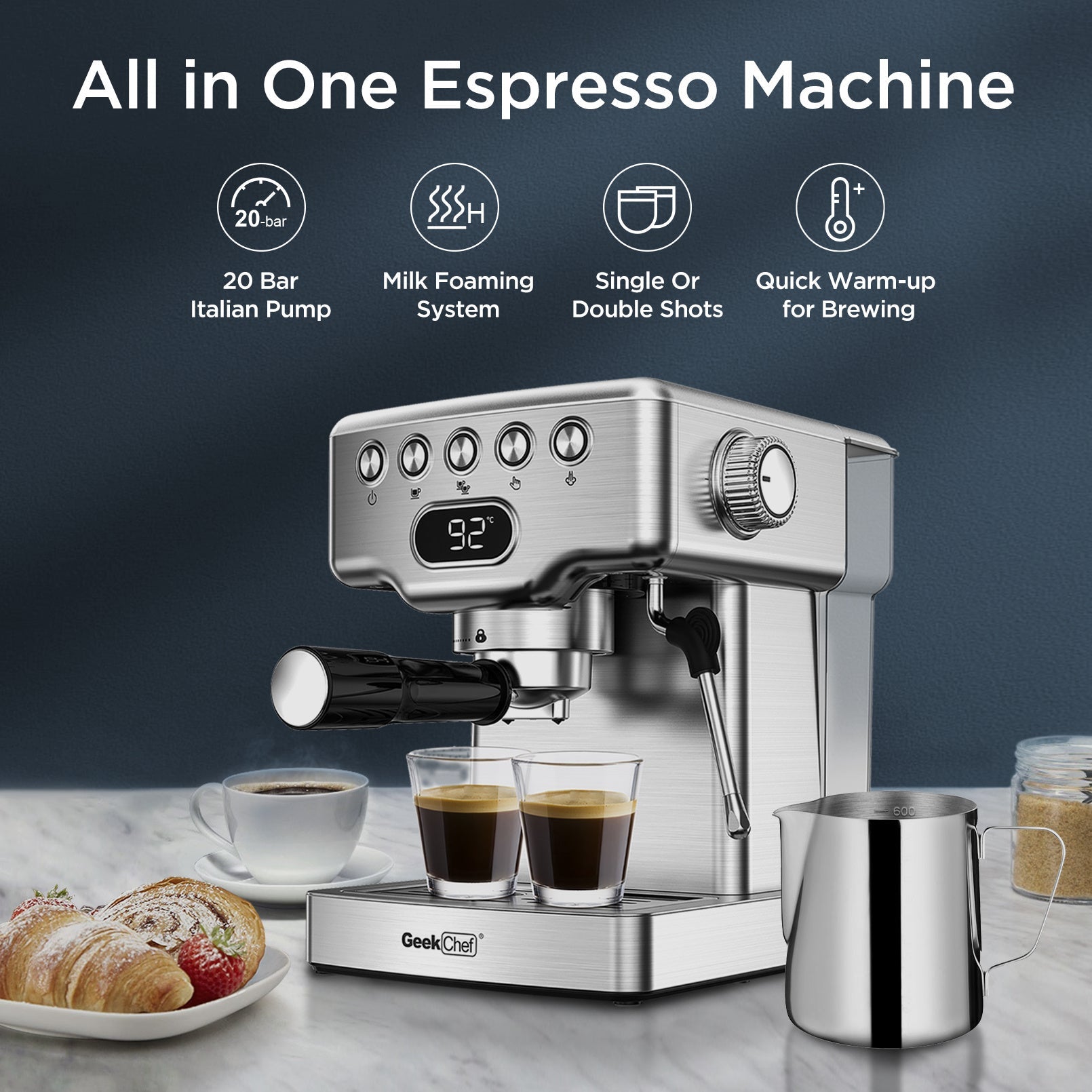 Geek Chef Espresso Machine, 20 Bar Espresso Machine With Milk Frother For Latte, Cappuccino, Macchiato, For Home Espresso Maker, 1.8L Water Tank, Stainless Steel, Ban On Amazon Smart Kitchen & Home