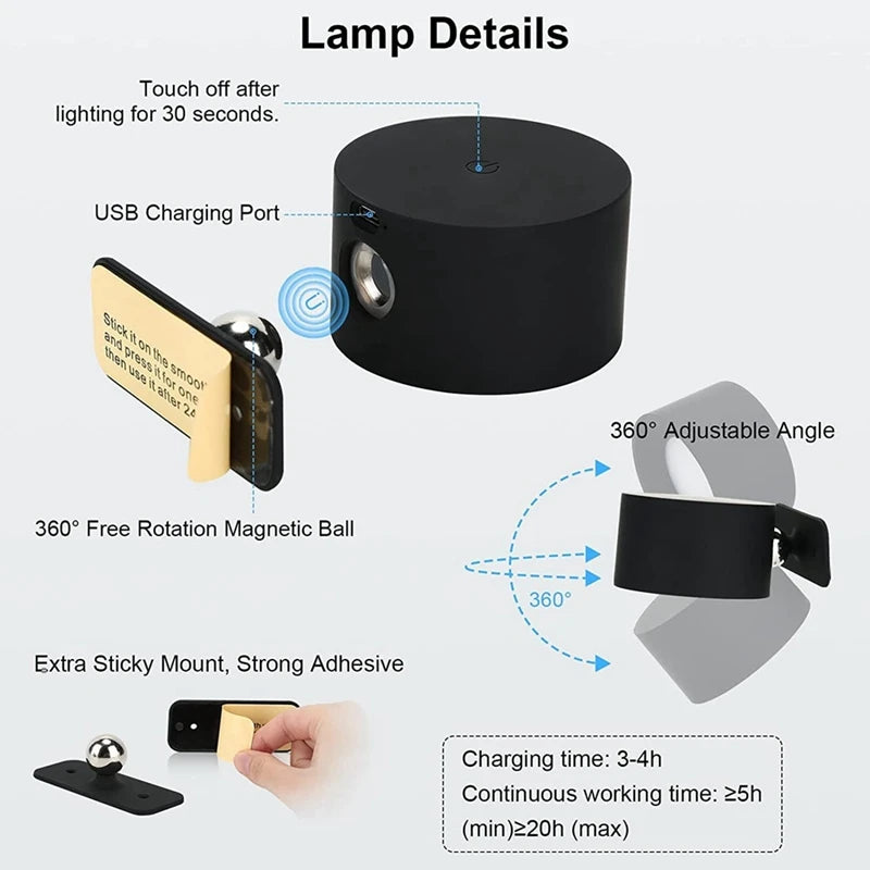 Wall Lights Cordless LED Wall Sconce | Wall Mount RGB Lamp USB Rechargeable 360°Rotate Magnetic Ball