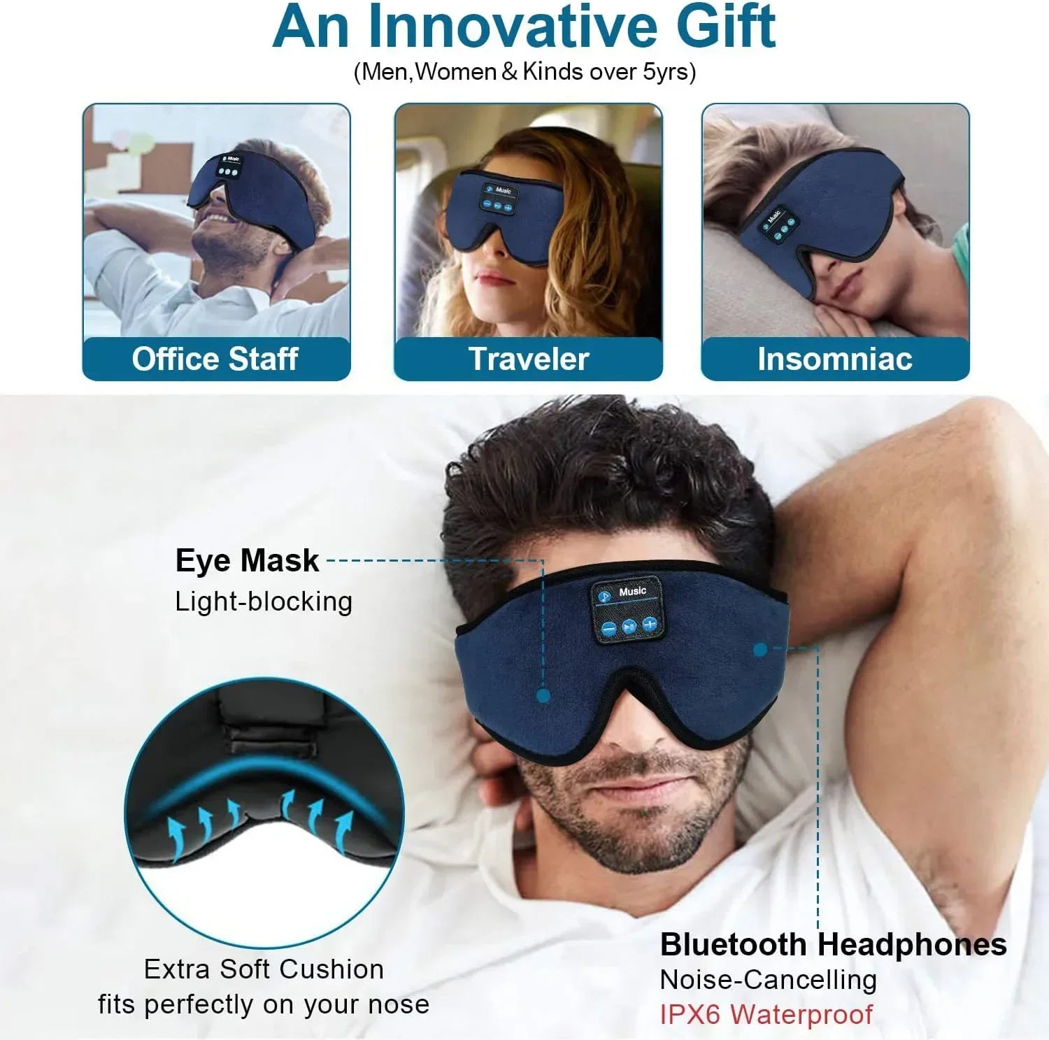 3D Sleep Mask with Bluetooth Headphones,Sleep Headphones Breathable wireless headphones for side sleepers