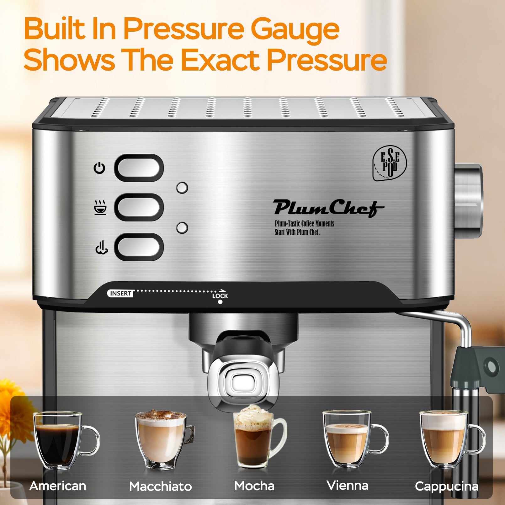 20 Bar Professional Espresso Machine With Milk Frother, Single & Double Shot, ESE Pod Compatible, Visual Display Of Pressure, Removable Water Tank For Cappuccino, Latte, Machiato For Home Barista Smart Kitchen & Home