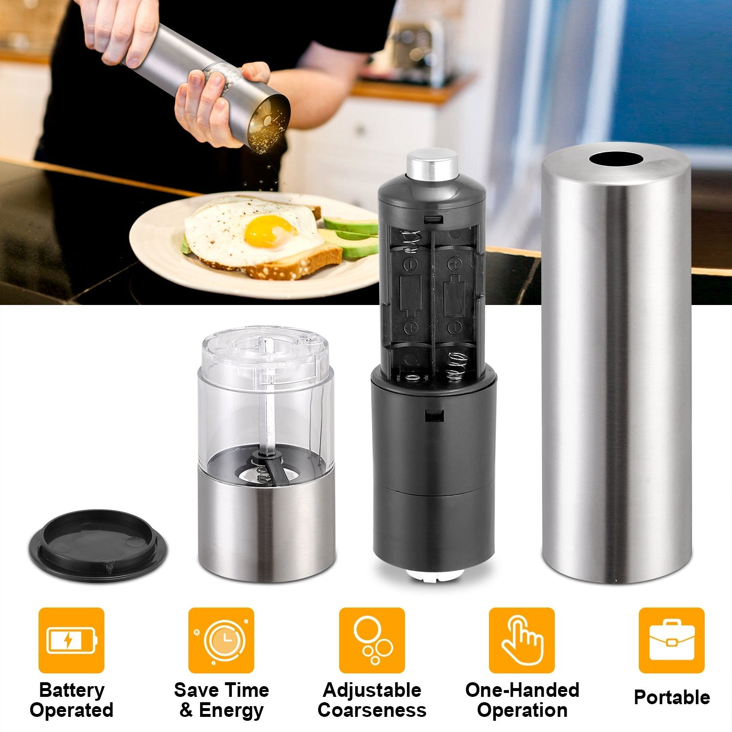 1Pc Electric Salt Pepper Grinder With Light Adjustable Coarseness Stainless Steel Salt Pepper Shaker Battery Operated Pepper Grinder Mill Easy Refill And Clean CJ US