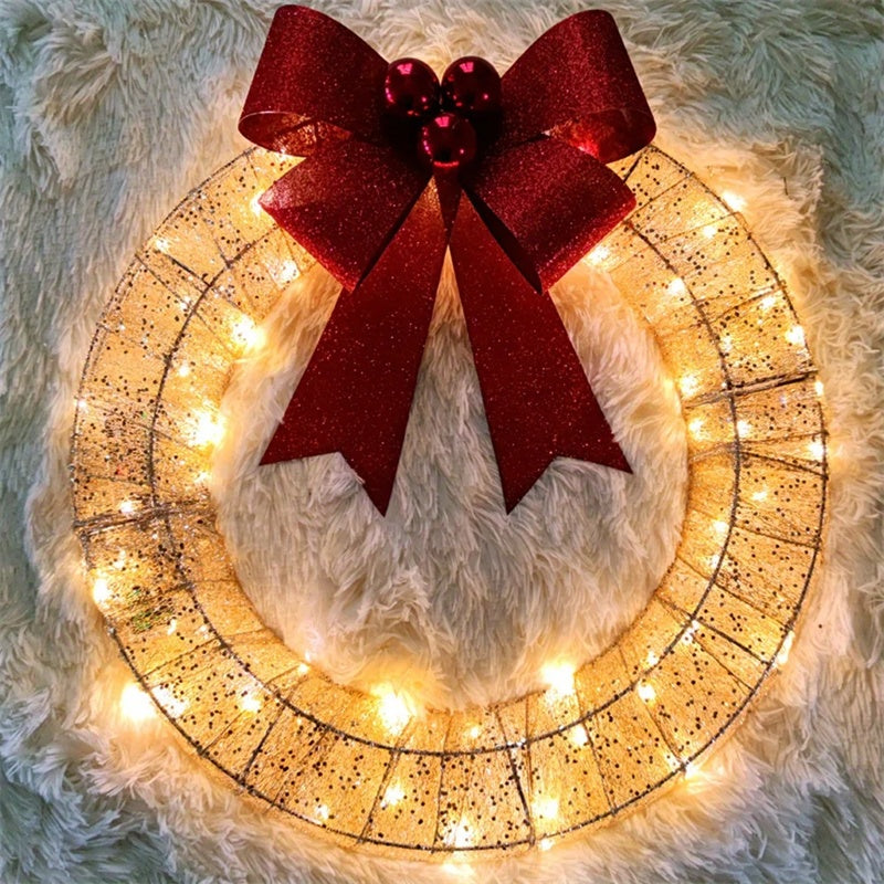 Christmas Garland 50CM Luminous LED Warm Light Metal Luminous Wreath With Big Bowknot Christmas Front Door Home Holiday Party Door Hanging Decor CJ