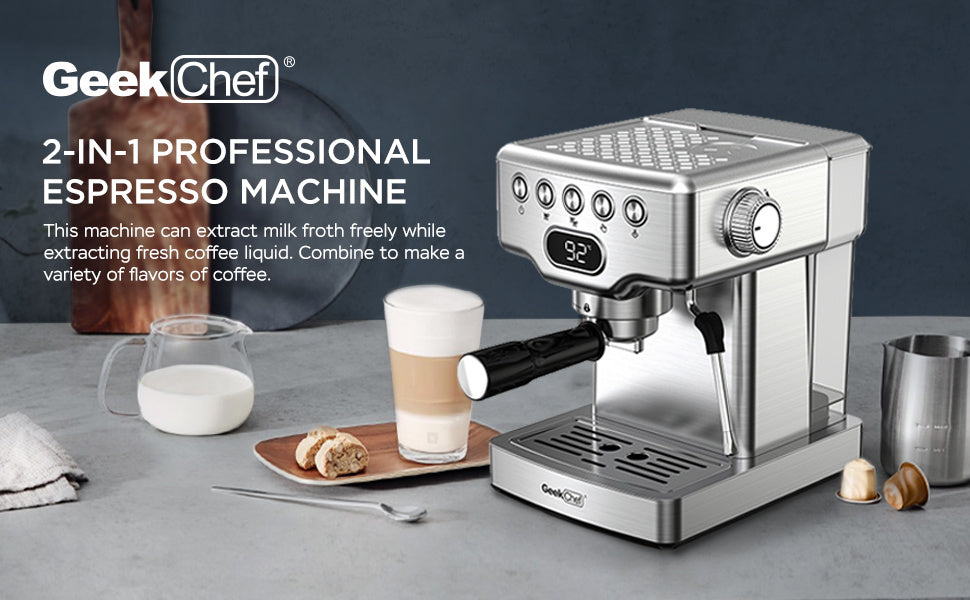 Geek Chef Espresso Machine, 20 Bar Espresso Machine With Milk Frother For Latte, Cappuccino, Macchiato, For Home Espresso Maker, 1.8L Water Tank, Stainless Steel, Ban On Amazon Smart Kitchen & Home